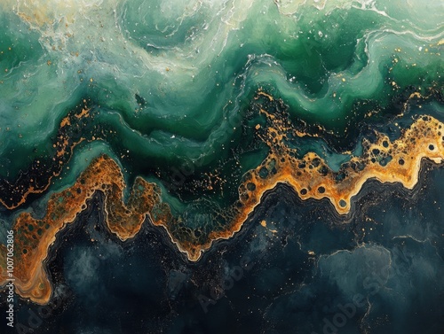 Painting of a green and brown fluid painting with gold accents