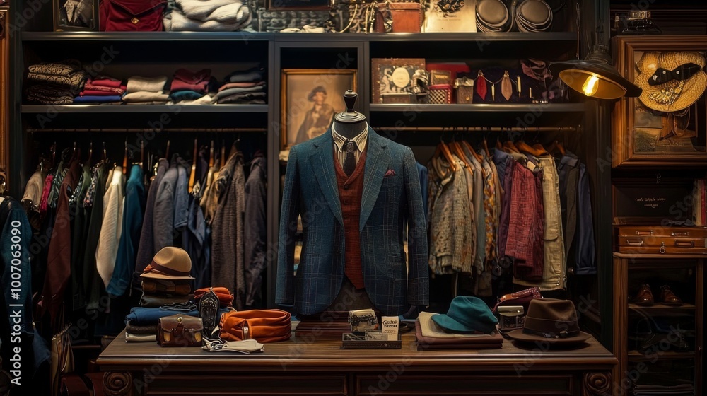Fototapeta premium Vintage clothing store with suits and fashion items displayed in a charming boutique
