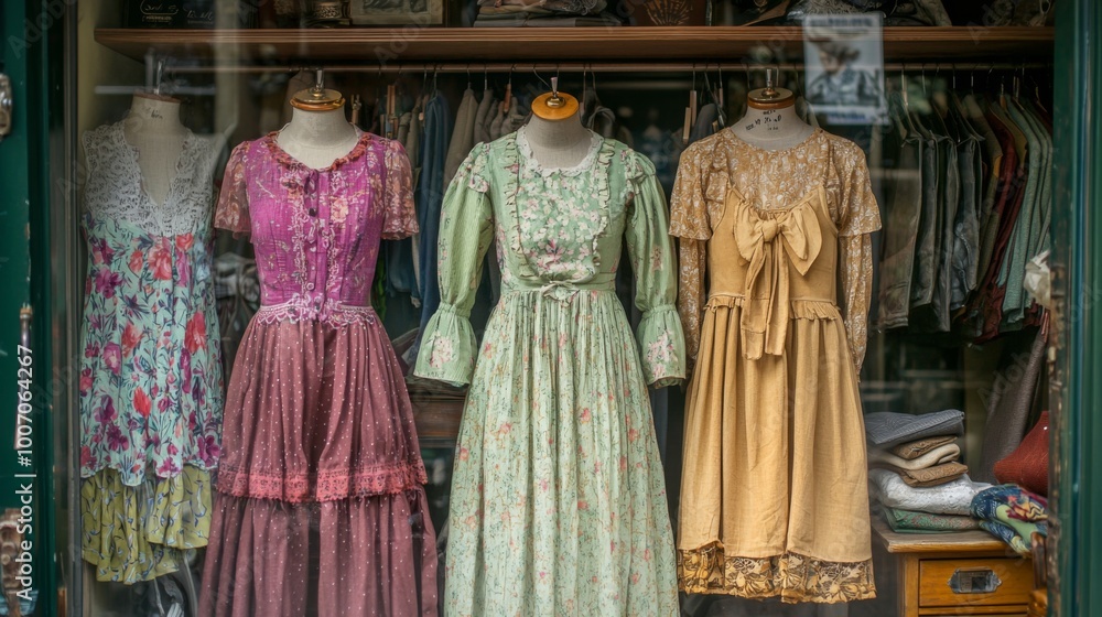 Fototapeta premium Vintage clothing store with dresses and fashion items displayed in a charming boutique