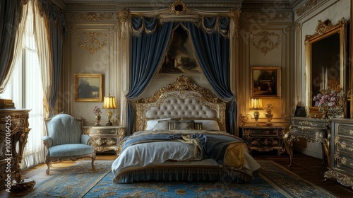 Grand classic bedroom featuring a richly carved bed frame, intricate drapery, and antique accessories