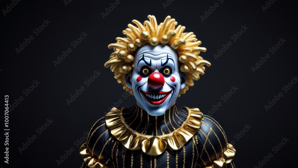 A menacing clown figure with vibrant colors and exaggerated features. A menacing clown figure with vibrant colors and exaggerated features.