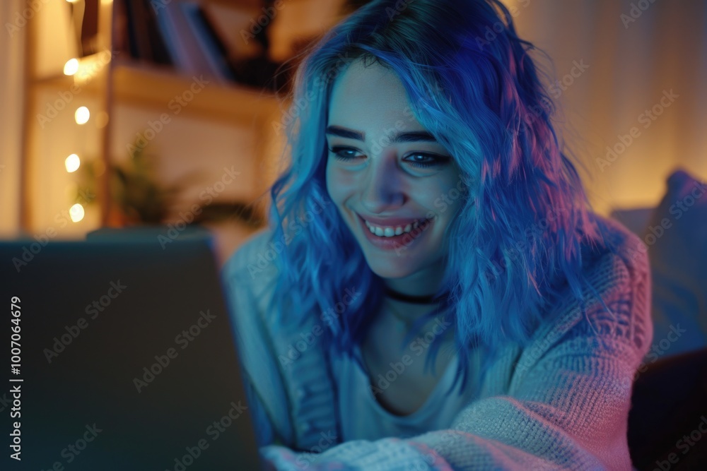 A woman sitting at a desk using a laptop with bright blue hair, suitable for use in tech or creative projects A woman sitting at a desk using a laptop with bright blue hair, suitable for use in tech or creative projects