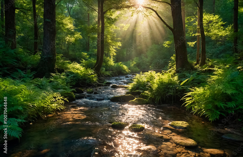 The sun's rays illuminate the forest river The sun's rays illuminate the forest river