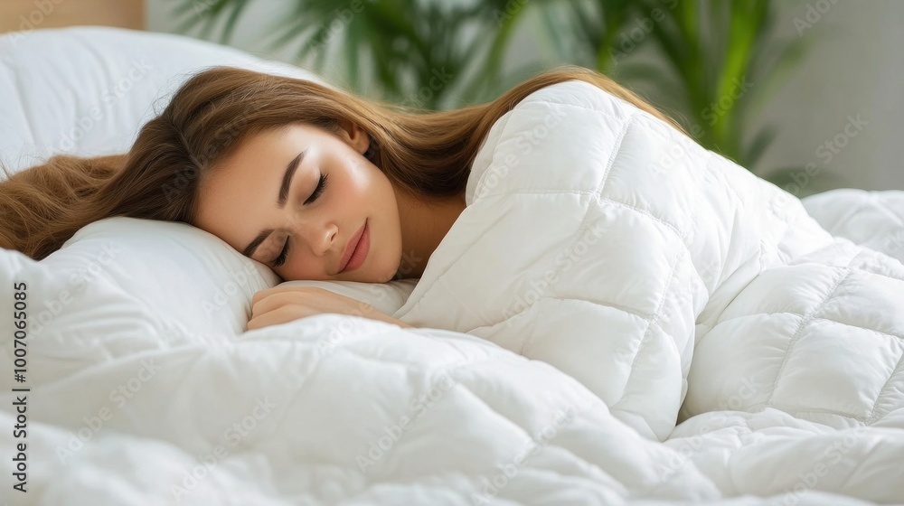 A woman Enjoying a Peaceful Sleep under a Weighted Blanket in a Cozy Bedroom Setting. Concept Self-care, Relaxation, Weighted Blanket, Bedroom Decor, Sleep Environment A woman Enjoying a Peaceful Sleep under a Weighted Blanket in a Cozy Bedroom Setting. Concept Self-care, Relaxation, Weighted Blanket, Bedroom Decor, Sleep Environment