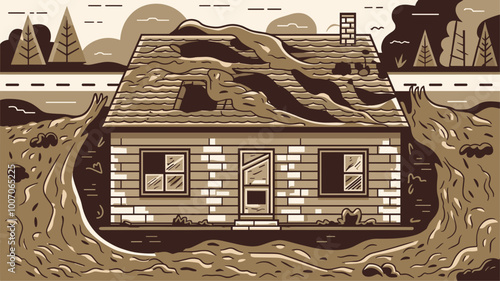 A house with damaged walls and roof, covered in mud after a landslide.