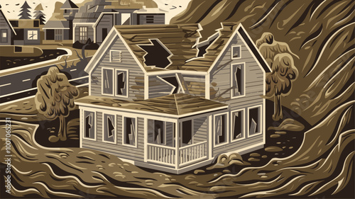 A house with damaged walls and roof, covered in mud after a landslide.