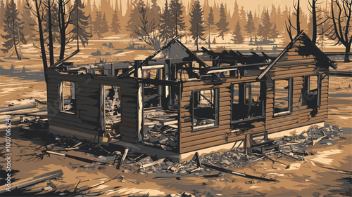 A burnt-down house with charred remains, aftermath of a devastating wildfire.