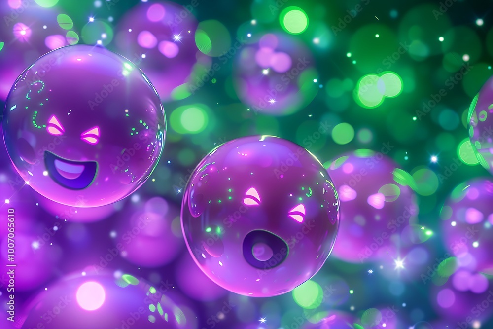 Vibrant purple and green emoji balls glowing with joy, abstract purple and green background with RGB lights Vibrant purple and green emoji balls glowing with joy, abstract purple and green background with RGB lights