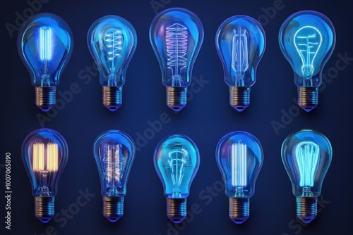 A series of blue light bulbs with different shapes and sizes, generative ai image