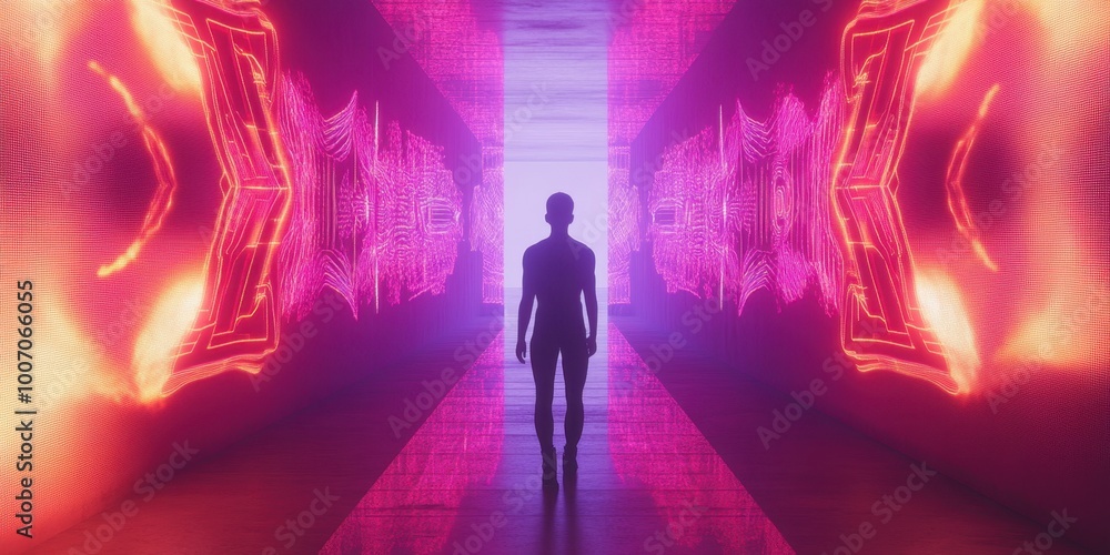 a man walking through a tunnel with neon lights a man walking through a tunnel with neon lights
