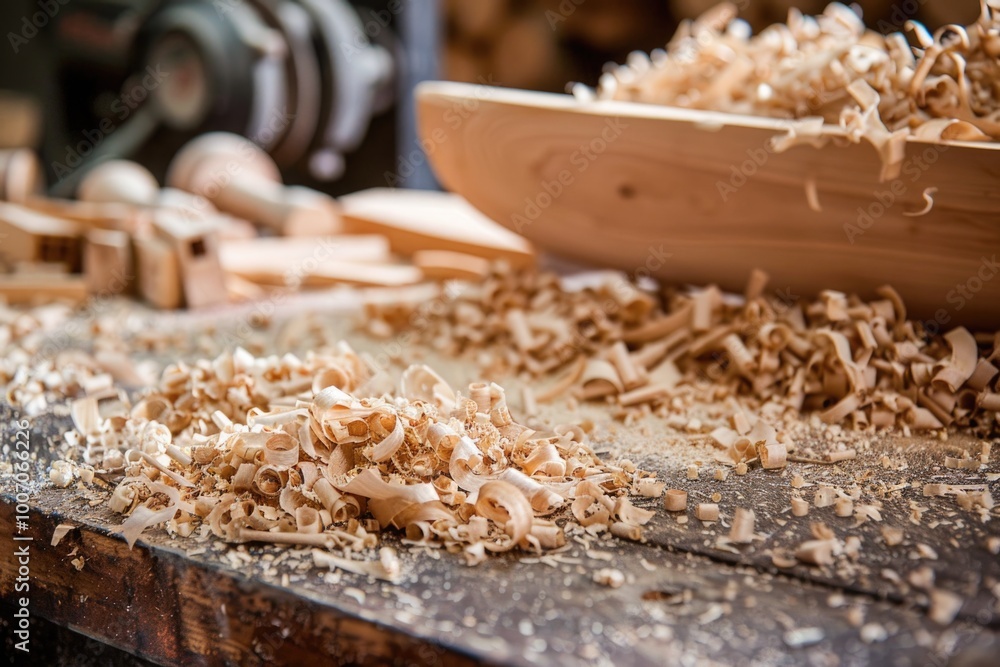 A pile of wood shavings sits on top of a table, ready for use or disposal A pile of wood shavings sits on top of a table, ready for use or disposal