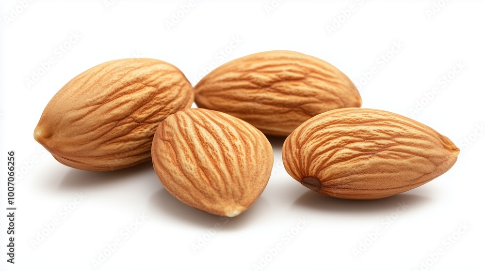 Raw almonds with rough brown skin resting on a clean white surface in natural light, highlighting their texture and shape Raw almonds with rough brown skin resting on a clean white surface in natural light, highlighting their texture and shape