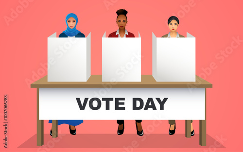 Women of different races standing in voting booths, symbolizing diversity and empowerment in democratic participation. Perfect for themes of equality, civic duty, and political engagement