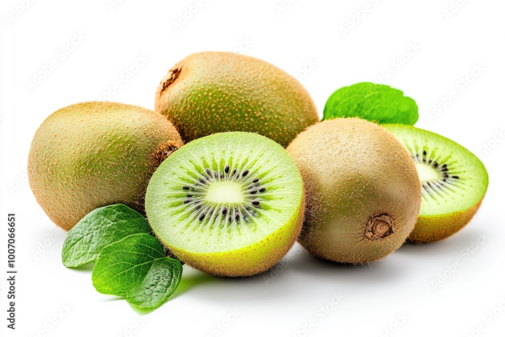 Fototapeta premium Tropical Kiwi Fruit Composition - Exotic Slices and Whole Kiwis Isolated on White Background