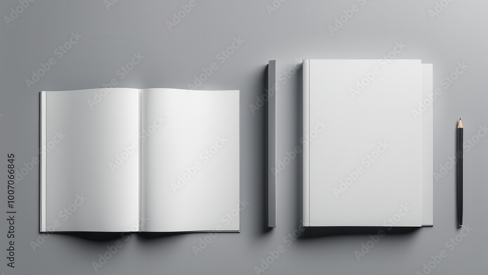A minimalist arrangement of blank notebooks and a pencil on a gray surface. A minimalist arrangement of blank notebooks and a pencil on a gray surface.