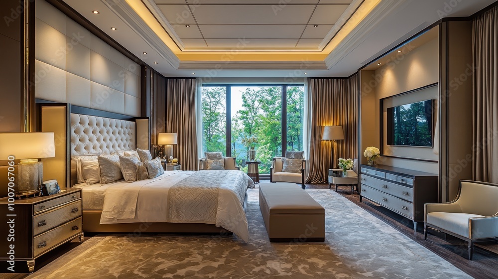 Fototapeta premium Lavish master bedroom featuring a spacious layout, high-end furnishings, and elegant decor