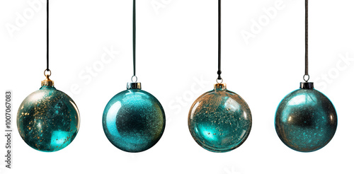 Christmas ball tree baubles in various turquoise green colors, glitter surface, glass on transparent background cutout. PNG file. Mockup template for artwork design.