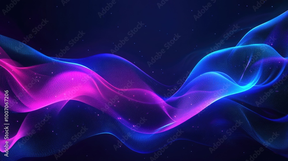 Glowing Blue Neon Waves on Black. Abstract Futuristic Light Design with Shining Pink Accents Glowing Blue Neon Waves on Black. Abstract Futuristic Light Design with Shining Pink Accents