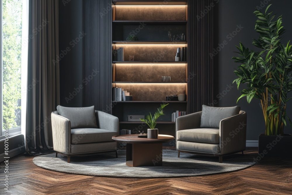 Obraz premium Modern Minimalist Living Space with Two Armchairs and Coffee Table in Stylish Dark Interior