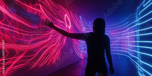 a person standing in front of a wall with neon lights