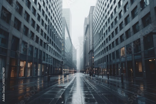 Urban landscape with rain-soaked pavement and skyscrapers