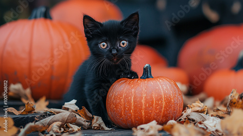 Halloween Wallpaper with Pumpkin and cute Black Kitten photo