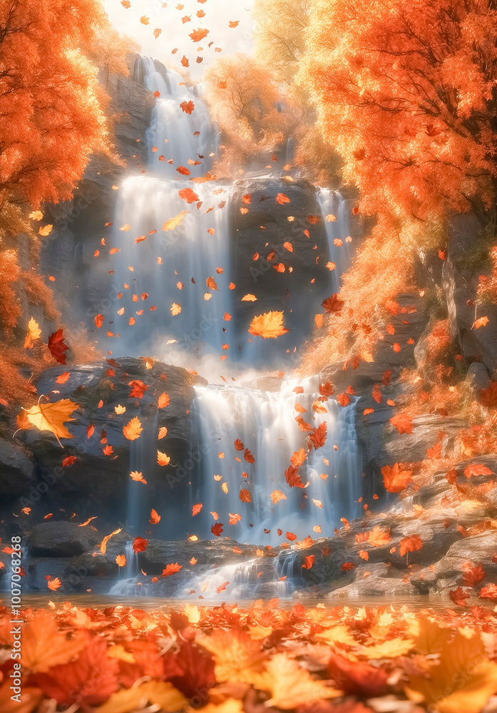 Obraz premium Autumn landscape with waterfall and yellow leaves