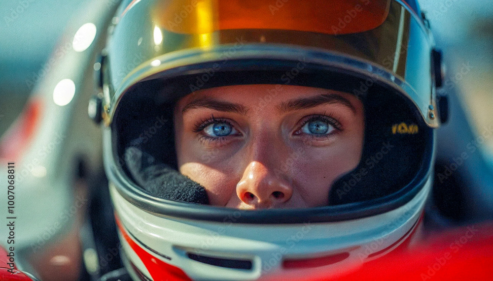 A determined female driver wearing a helmet A determined female driver wearing a helmet