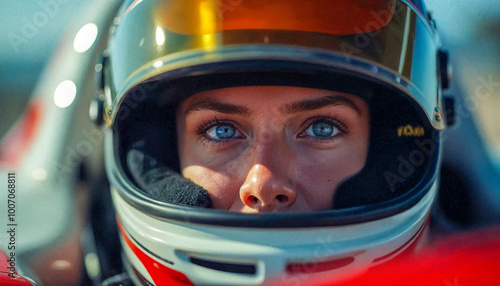 A determined female driver wearing a helmet