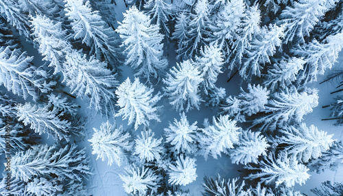 Aerial View of a Snow-Covered Winter Forest with Pine Trees. Concept of Winter Wonderland, Nature s Beauty, Serene Landscapes