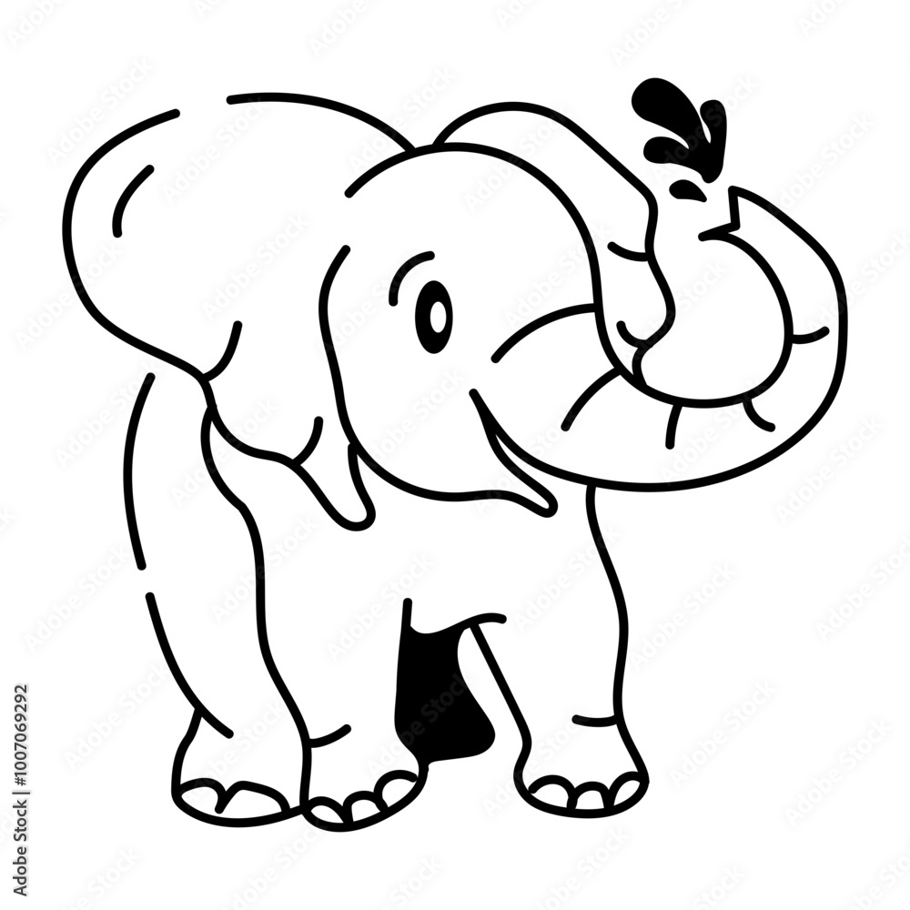 Fototapeta premium Hand drawn icon showing a cute elephant spraying water with trunk 