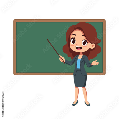 Young woman Teacher Teaching Cartoon Character, Vector Illustration of Teacher Explaining in Front of the Board