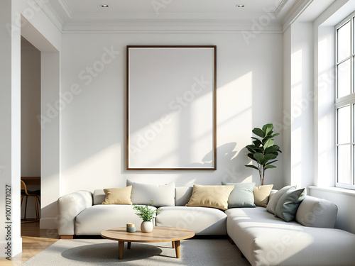 Elegant Mockup Frame Displayed in a Bright Modern Interior  Contemporary White Room with Stylish Furniture and 3D Rendered Artwork for Home Decor Inspiration