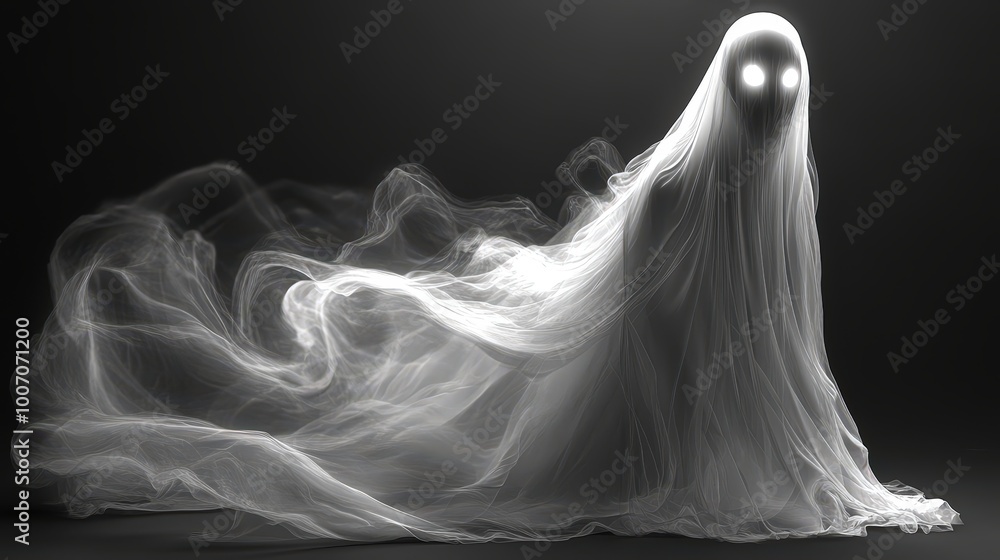 A ghostly figure with glowing eyes stands in front of a black background A ghostly figure with glowing eyes stands in front of a black background