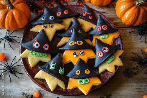 A fun and spooky image of Halloween-themed cookies shaped like pumpkins, ghosts, bats, and other festive designs. Perfect for seasonal treats photo