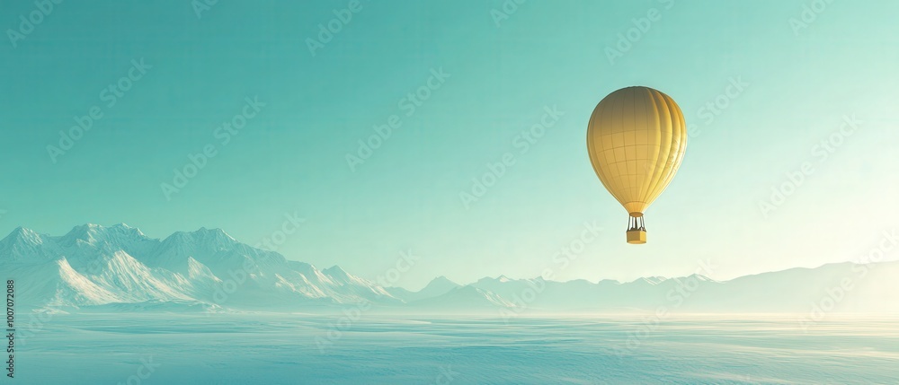 Fototapeta premium A yellow hot air balloon is flying over a snowy mountain range
