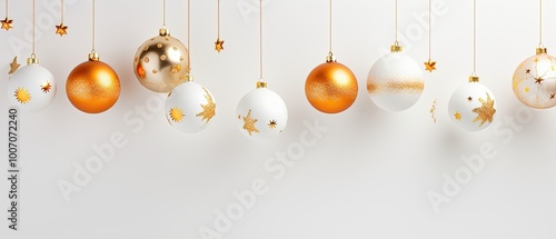 A minimalist white background with hang white and gold christmas decorations  photo