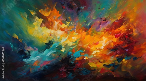 A vibrant explosion of colors, where thick, swirling strokes of oil paint create a dynamic interplay of light and shadow. 