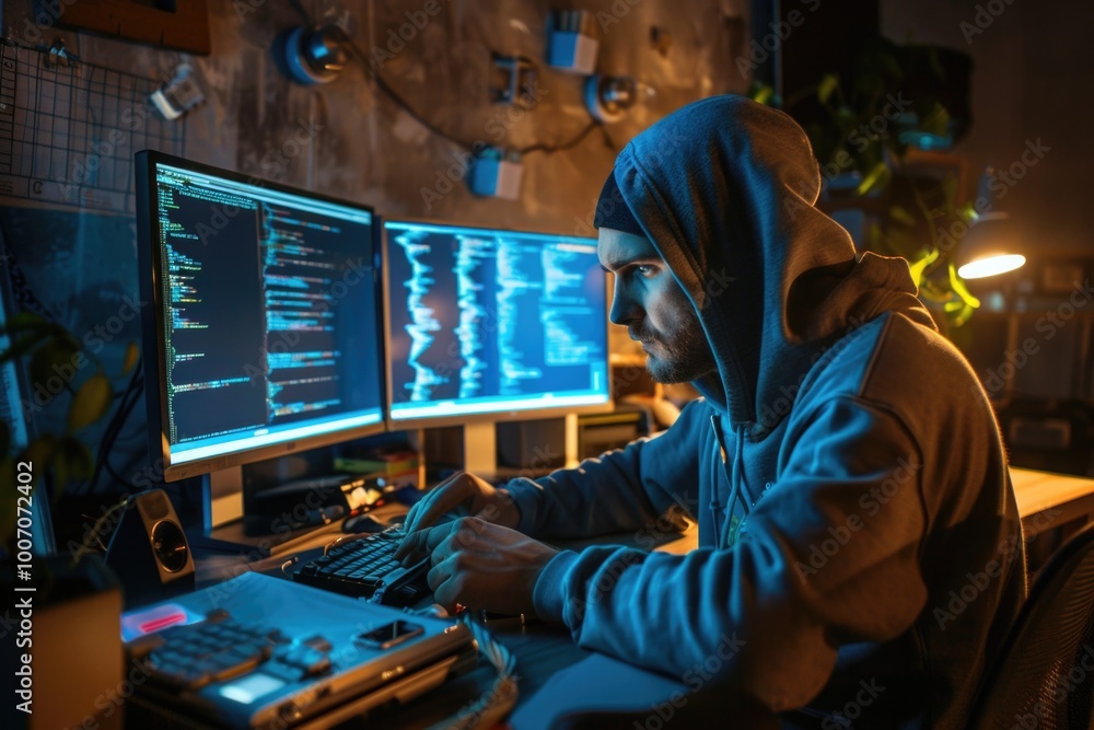 A person in a hoodie sits at a desk, typing away on their computer A person in a hoodie sits at a desk, typing away on their computer