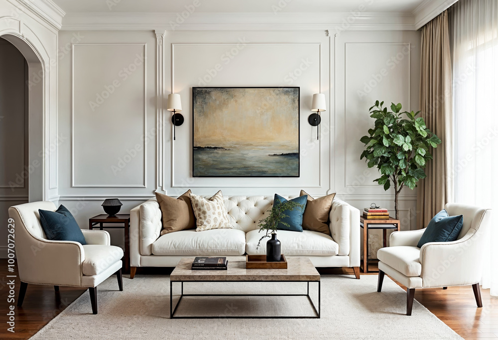 Elegant white living room interior home design white sofa armchairs ...