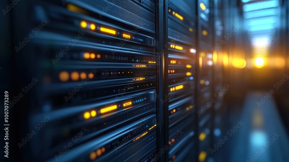 close-up view on server rack with data and connection lights in dark room background, abstract blurred banner for web design or graphic presentation close-up view on server rack with data and connection lights in dark room background, abstract blurred banner for web design or graphic presentation