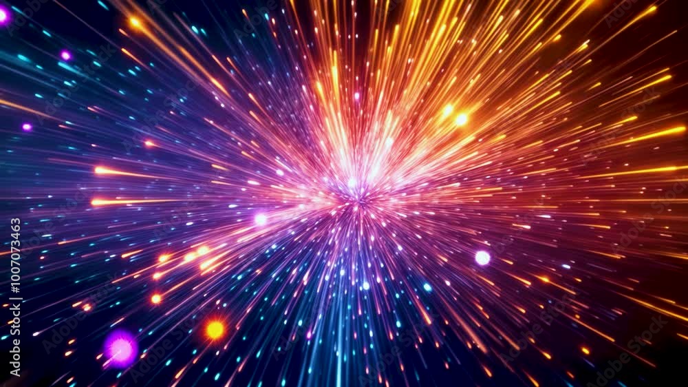 Energetic burst of colorful light and sparkles radiating outward, creating a stunning visual spectacle against a dark background Energetic burst of colorful light and sparkles radiating outward, creating a stunning visual spectacle against a dark background