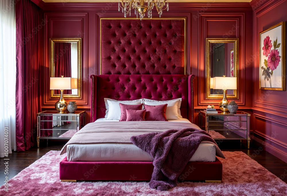 Fototapeta premium Luxurious bedroom interior design with velvet bed gold accents and pink rug