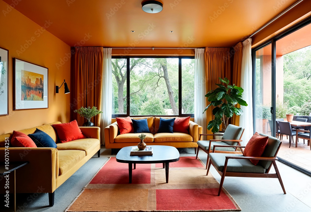 Fototapeta premium Modern living room interior design in orange yellow colors with designer furniture sofa armchair coffee table home decor