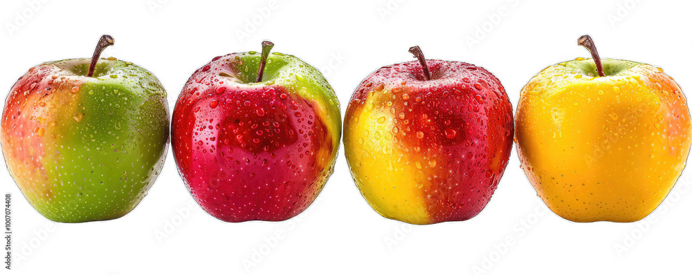 Colorful apples in red, green, and yellow with water droplets Colorful apples in red, green, and yellow with water droplets