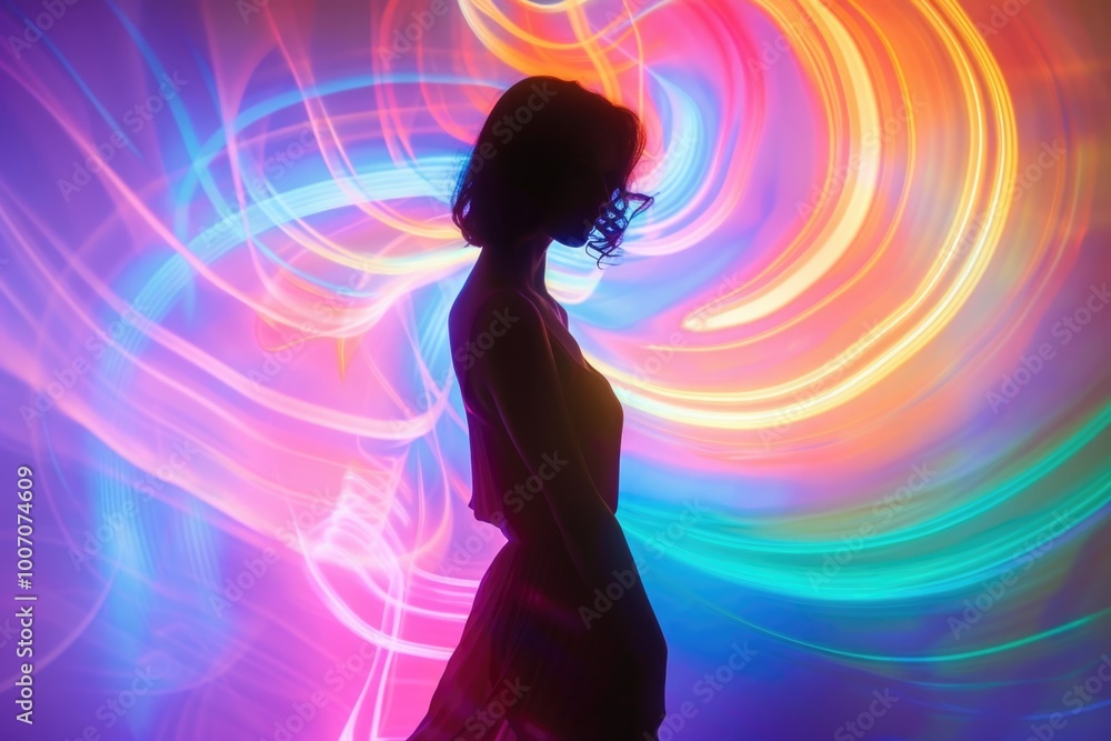A woman standing in front of a bright and vibrant colored light, possibly for artistic or celebratory purposes A woman standing in front of a bright and vibrant colored light, possibly for artistic or celebratory purposes