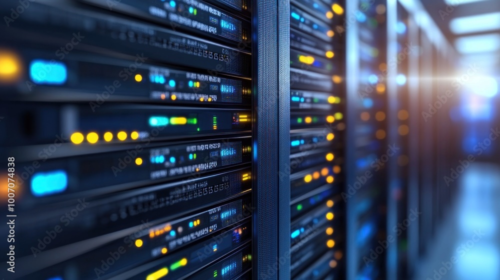 close-up view on server rack with data and connection lights in dark room background, abstract blurred banner for web design or graphic presentation close-up view on server rack with data and connection lights in dark room background, abstract blurred banner for web design or graphic presentation