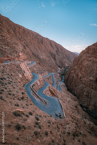 Winding road in Todra river valley, Morocco photo