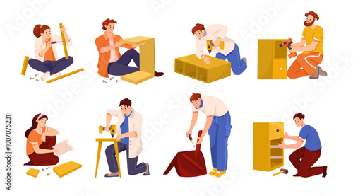 People Character Assemble Furniture as DIY Home Repair Work Vector Set