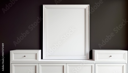 A minimalist white frame displayed on a dark wall, ready for artwork or a photo.